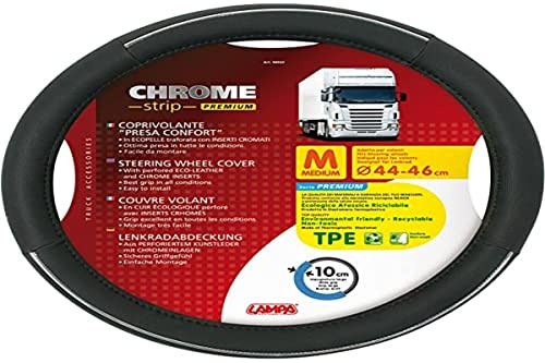 LAMPA 98922 Lenkradbezug schwarz | Breiter Griff 10 cm, perforiert, verchromte Einsätze, OEM 98922