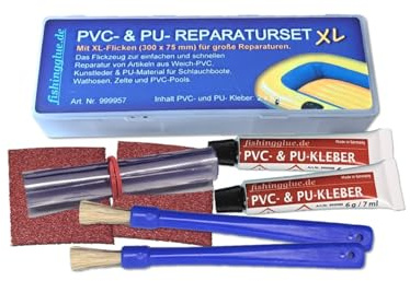 Fishingglue PVC- & PU-Reparatur-Set XL, Plastik Flickzeug | für Schlauchboot, Zelt, Pool, SUP usw., Wasser-& UV-beständig bis 60°C wärmestabil, Made in Germany