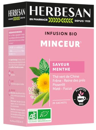 HERBESAN®- INFUSION THE VERT MINCEUR BIO Thé vert de Chine, Frêne, Reine des Prés, Pissenlit - 20 sachets