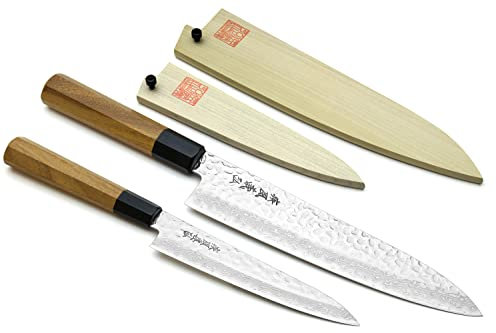 Yoshihiro 46 couches martelé Damas Gyuto couteau de chef et Petty utilitaire Ensemble de couteaux Gyuto 8.25'' (210mm) & Petty 6'' (150mm) Ambrosia Handle