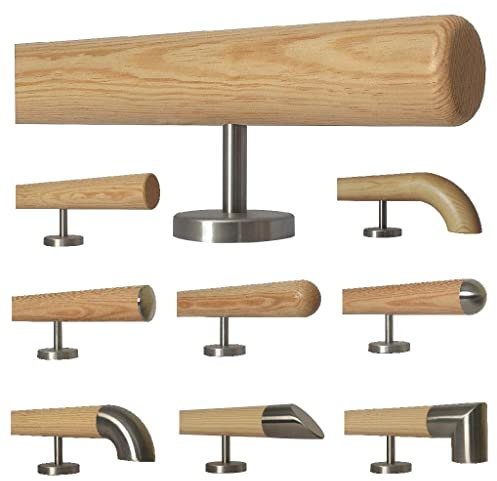 Barandilla de pino, pasamanos, escalera, mango de madera, recto, soporte de acero inoxidable, longitud 30 – 500 cm, de una sola pieza, por ejemplo, longitud 120 cm, con 2 soportes rectos – extremos =