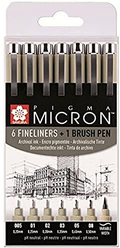 SAKURA Pigma Micron Fineliner-Stifte 6er-Set + Pinselstift | wasserfeste, permanente schwarze Tinte Stifte zum Schreiben, Zeichnen und Tagebuch führen