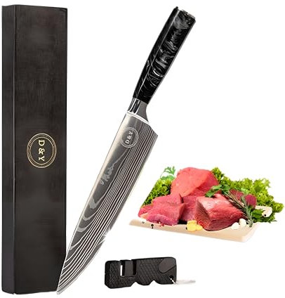 D & Y kochmesser Küchenmesser scharfes 21cm aus Damaszenerstahl Fleischmesser,scharfes Küchenmesser,chefmesser,mit Messerschärfer,und Fingerschutz,Ergonomisch Holzgriff in Geschenkbox