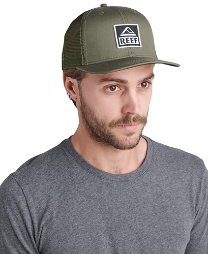 REEF Men's Trucker Snapback Logo Adjustable Hat Dark Olive