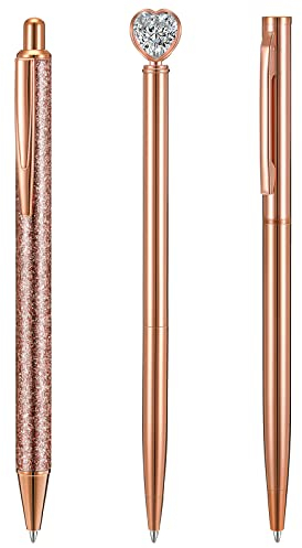 Faccito 3 Stylos à Bille en Or Rose Stylos à Bille en Métal Cristal Rétractable de Diamant à Encre Noire à Clic Paillettes pour Écriture Mariage Bureau École