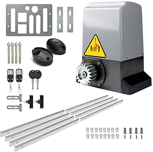 Blütezeit 1800lb Automatic Sliding Gate Opener Rack Drive Operator for Heavy Driveway Slide Gates Up to 40 Feet, Rolling Gate Motor with 2 Remote Controls, Infrared Sensor & Complete Hardware Kit