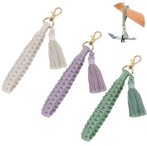 EKOCEV Schlüsselanhänger Makramee Armband 3 Stück Frau Schlüsselband mit Quaste Anyards, Schlüsselanhänger Kurz Boho Lanyard für Schlüssel Autoschlüssel und Handy