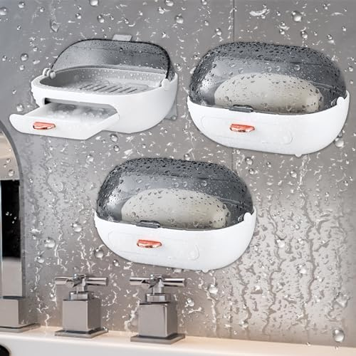 Seifenschale ohne Bohren, 3 Stück, mit Abfluss und Deckel, Wandmontage, selbstklebend, aus Kunststoff, für Badezimmer, Küche, Keep Dry