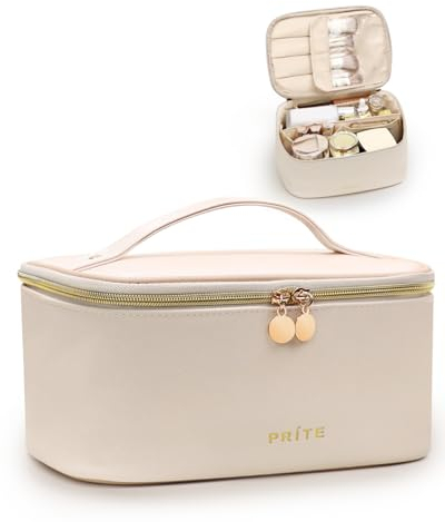 Prite Groß Kosmetiktasche für Damen Reise Kulturtasche aus Wasserdichtem Leder Tragbare Kulturbeutel oder Make Up Tasche mit Griff und Abnehmbarem Trenner (Beige)