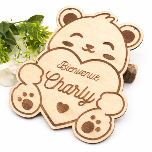 Carte bienvenue bébé ourson en bois, texte & prénom personnalisable, panneau pour la séance photo de naissance, thème nounours, idée cadeau, baby, baptême, décoration champêtre, souvenir