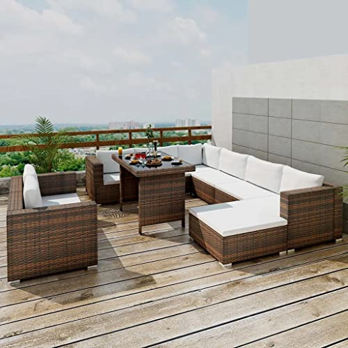 WEMYUFURN 10-TLG. Garten-Lounge-Set mit Auflagen Poly Rattan Braun, Outdoor-Sitzgruppe, Terrassen-Lounge-Set, Garten-Couchgarnitur - Wetterbeständig, Komfortabel - für Terrasse, Garten und Balkon