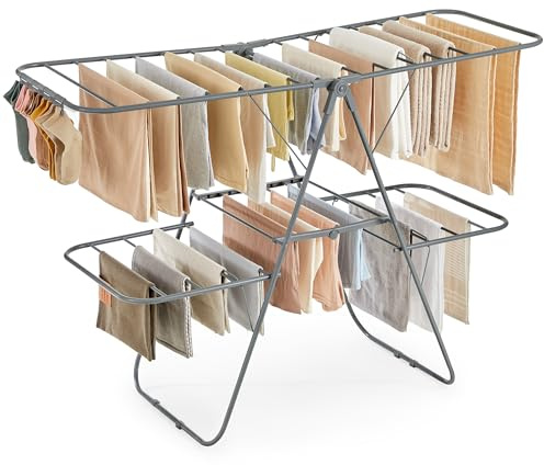 SONGMICS Clothes Drying Rack, Foldable 2-Level Laundry Drying Rack, Free-Standing Laundry Airer, with Height-Adjustable Wings, 33 Drying Rails, Sock Clips, Gray ULLR053G02V1