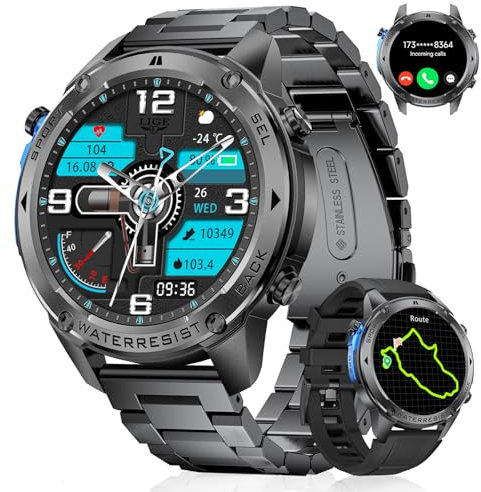 GPS Smart Watch for Men 1.43″AMOLED Always-on Display Bluetooth Call Smartwatch Men for Android iOS 600 mAh Big Battery Male Smart Watch Black Steel Round Smartwatch Compass Heart Rate Health Monitor