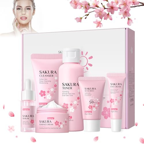 Fengyang® Kit Per La Cura Della Pelle Sakura Da 6 Pezzi Set Per La Cura Della Pelle Sakura Kit Idratante Per La Cura Del Regalo Da Donna Strumento Del Viso Con Estratto Di Fiori Di Ciliegio (6-set)