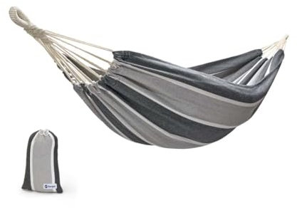 BERGER Hängematte Outdoor | Bequeme Baumwolle atmungsaktiv & robust | 100kg Tragkraft, mit Packsack, Baumgurte und Karabiner | Leicht & kompakt für Camping Garten Balkon Terrasse Backpacking (Grau)
