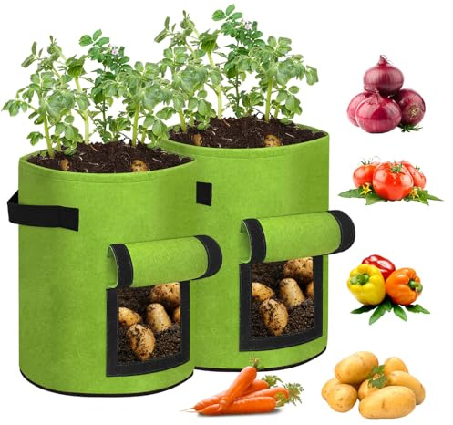 2 Stück 38 L Pflanzsack, Vliesstoff Kartoffel Pflanztasche, Atmungsaktiv Pflanzsack mit Griffe und Sichtfenster, Tomaten Kübel, Stofftopf für Gemüse&Früchte&Blumen-Wiederverwendbar Pflanzgefäß, Grün
