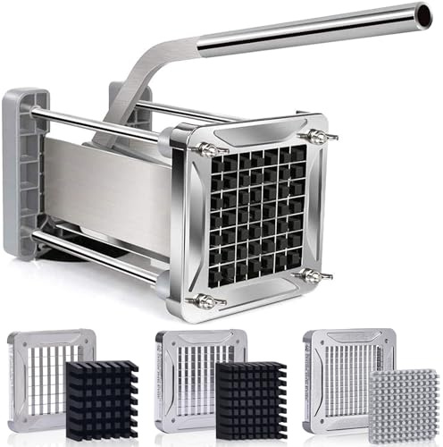 Sopito Coupe Frites INOX, Coupe Frite Professionnel, Découpe Frites avec 3 Tailles de Lames et Base Antidérapante, pour Pommes de Terre, Oignons, Carottes, Concombres