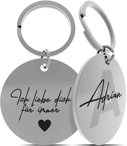 Meinearmbänder Personalisierter Schlüsselanhänger mit Monogramm und Gravur – A–Z Buchstabe mit Namen auf der Initiale und Wunschtext auf der Rückseite – Geschenk für Männer & Frauen