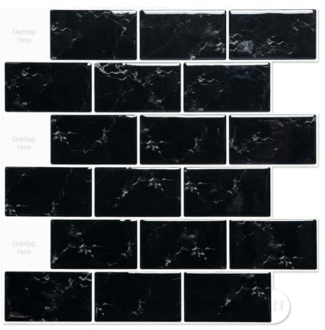 Black Tile Stickers for Bathroom and Kitchen Splashback Peel and Stick on Wall Tiles Self Adhesive Tile Decals 10 Sheet (12x 12)