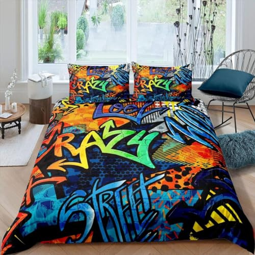 richhome Juego de ropa de cama de estilo hippie, estilo graffiti, tamaño doble, para adolescentes, decoración hip hop, juego de funda de edredón para niños y niñas, colección Street Culture, 3 piezas
