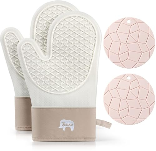 2 Pack Ofenhandschuhe, Hitzebeständiger Ofenhandschuh aus Silikon mit Weichem Baumwollfutter Ofenhandschuhe und Topflappen-Sets, Perfekt zum Grillen, Backen und Kochen