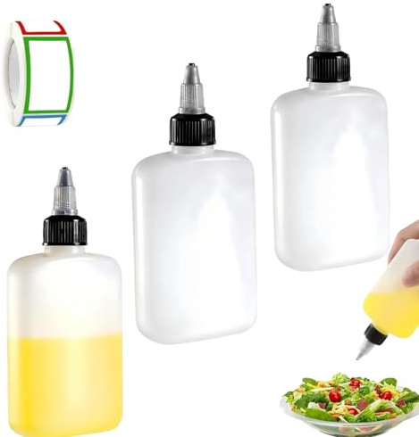 3 Stück 120ml Squeeze Flasche Ölspender Set, Praktische Dosierflasche mit Messskala, Quetschflasche aus Lebensmittelechtem Ölflasche Plastik Material, Inklusive Etikettenaufkleber für Küche Camping un