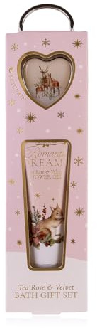 Coffret de bain Accentra ROMANTIC DREAMS en coffret cadeau, comprenant gel douche et porte-clés en forme de cœur, parfum : Rose Thé & Velours, cadeau femme Noël écureuil, cerf, cerf