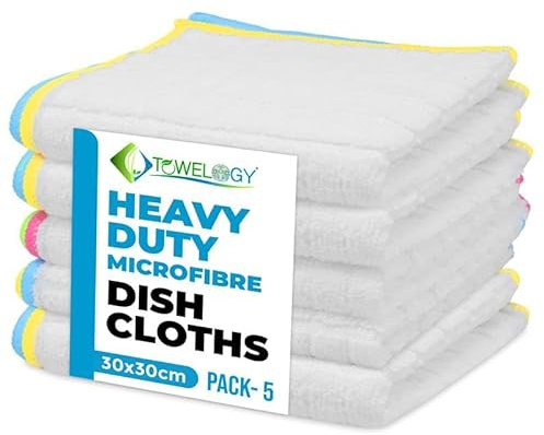 Towelogy 5 Pack Microfibre Dish Cloths – Antibacterial Washing Up Cloths for Dishes & Kitchen Cleaning, 30x30cm (5, White)