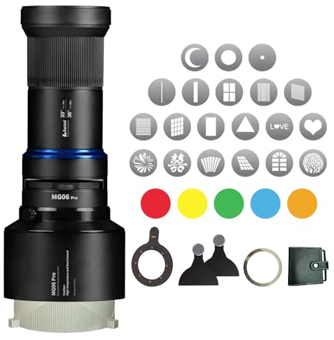 Bussi MG06 Pro Professional Optical Snoot | 20 Metal Gobos + 2 Shutter Blades + 5 Color Gels | Bowens Mount 33° Lens | Compatible Aputure Nanlite Amaran LED Spotlight.(Extended Bowens Mount)