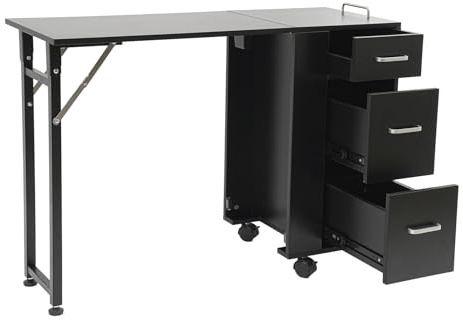 JAYEUW Mesa de uñas plegable, mesa de manicura, escritorio pequeño, 104 x 38 cm, escritorio plegable con 3 cajones y ruedas bloqueables de hasta 100 kg, para salón de belleza, hogar, oficina (negro)