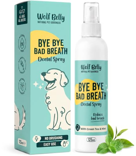 Wolf Belly - Spray Bucal Perros y Gatos (125 ml) | Reduce mal aliento y sarro, Con té verde y menta, Sin enjuague ni cepillado, Sin alcohol ni colorantes, Hecho en Europa