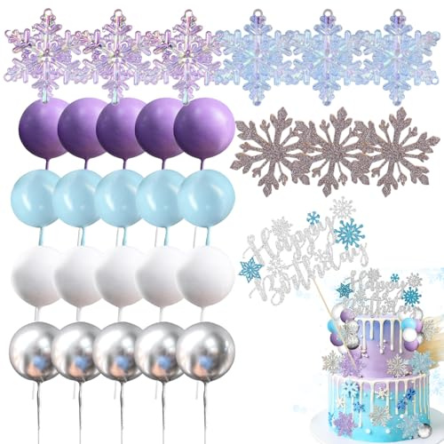 Frozen Cake Toppers, Elsa Cake Decorations, Snowflake Cake Decorations, Princess Cake Toppers, 28-Piece Set for Birthday Celebrations, Multiple Colours and Sizes