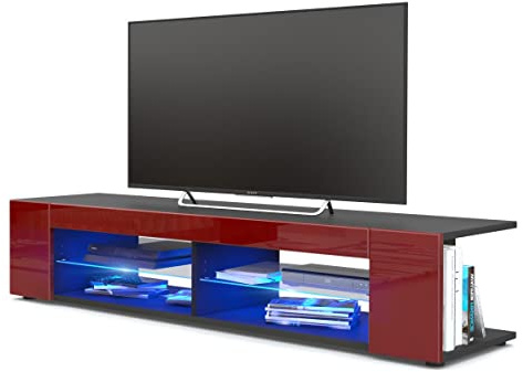 Vladon Buffet Bas Movie, Meuble TV avec 4 Compartiments Ouverts et placages décoratifs, Noir Mat/Bordeaux Haute Brillance, éclairage LED Bleu Inclus (134 x 29 x 39 cm)