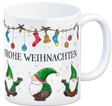Kaffeebecher mit Wichtel Weihnachtsmotiv und Spruch: Frohe Weihnachten