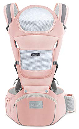 SONARIN Babytrage Ergonomisch mit Hüftsitz/reiner Baumwolle, Kopfstütze, Mehrfachpositionierung: Rücken, Bauch, einstellbar für Neugeborene und Kleinkinder 0 bis 36 Monate (bis zu 30 kg) Rosa
