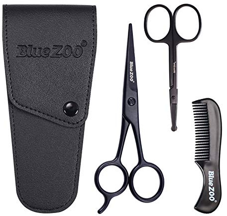 Beard Scissors/Nose Scissors/Mustache Comb Multi Functions Grooming Kit Gift Set Beard Trim Scissor Kit Trimming Nasal Hair for Men with Storage Bag (Black)