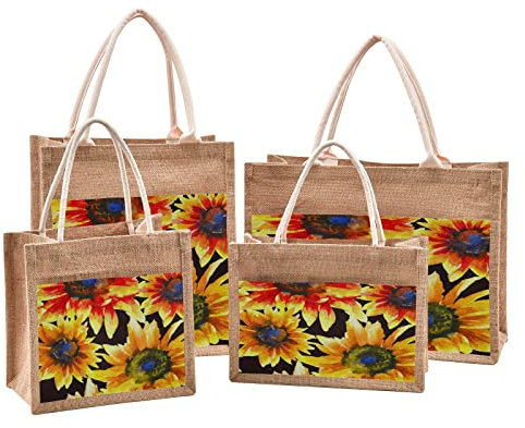 Mnsruu Sunflower Plant Yellow Flower Jute Tote Bags Women Grocery Shopping Bags with Handles for Outdoor Travel 9.8 x 9.8 x 7.1 inches