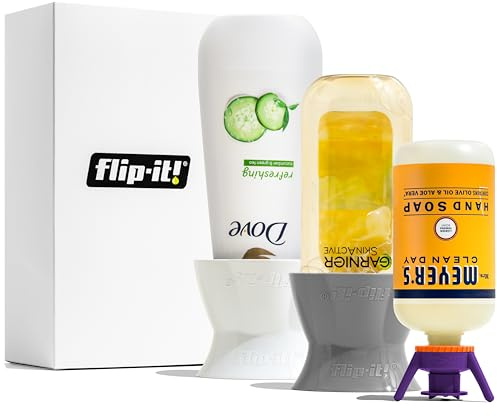 Flip-it! Super Set Universal Bottle Emptying Kit - Maximize Every Drop with Flip-It! 6 XL Base Caps, 6 Adapters, and 2 Flip Top Bottle Stands (Bright)
