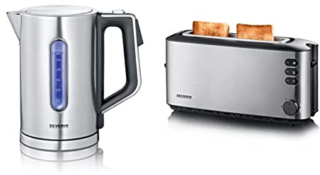 SEVERIN WK 3418 Digitaler Wasserkocher mit Fast-Boil-Power und individueller Temperaturauswahl, 1,7 l, 3000 W & Automatik-Langschlitztoaster, 1.000 W, Edelstahl-gebürstet/schwarz, AT 2515