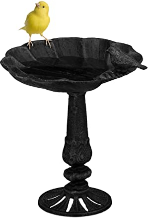 Relaxdays Vogeltränke, stehend, Vogelbad aus Gusseisen, winterfest, Wasserschale mit Ständer, Vogelbecken, schwarz, 1 Stück