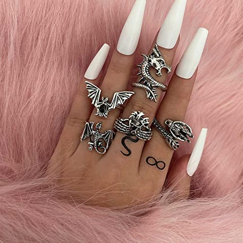 Wendalern Gothic Drachen Silber Geschnitzte Tier Ringe Vintage Fledermaus Knuckle Ringe Punk Drachen Fingerring Set Schmuck für Frauen und Mädchen