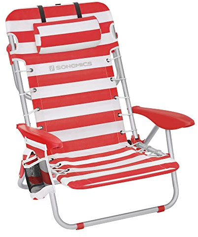 SONGMICS Strandstuhl, Campingstuhl, faltbar, mit Schultergurt, verstellbare Rückenlehne, Kopfstütze, Armlehne, 2 Seitentaschen, Rot und Weiß GCB062R01