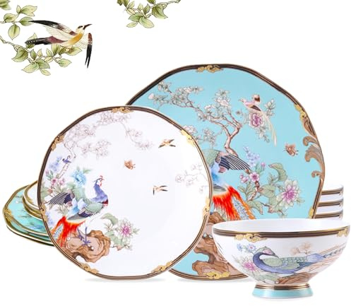 ACMLIFE Bone China Dinnerware Set, Vintage Floral Fine China Dinnerware Sets, Porcelain Dinnerware Sets for 4, Light Blue 12 Piece Fine China Set Lightweight Dinnerware Set for Gifts (Blue)