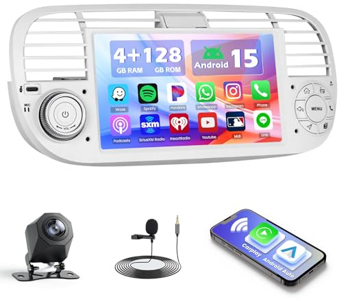 Hikity 4+128G Autoradio para FIAT 500 2007－2015, 7 IPS Pantalla Radio con Wireless CarPlay Android Auto GPS Navegación Bluetooth FM RDS Radio WiFi EQ USB Type-C