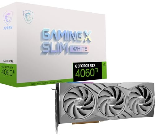 MSI GeForce RTX 4060 Ti Gaming X Slim White 16G Carte Graphique - 16 Go GDDR6 (18 GB/s, 128-bit), PCIe 4.0 - TRI FROZR 3 (3 x Ventilateurs TORX 5.0), RGB - HDMI 2.1, DisplayPort 1.4a