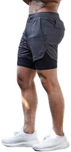QINFEN YUNDOU män 2 i 1 shorts sommar snabbtorkande löparshorts herr sport shorts med fickor sport korta byxor fitness löparbyxor, GRÅ, L