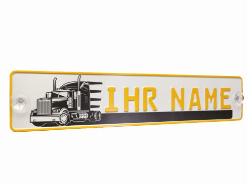 LKW Truck Fahrerschild Schild Namensschild mit Name oder Text Funschild Fun Schild Wunschtext AUTO Trucker Car Gelb, Geburtstag Geschenk