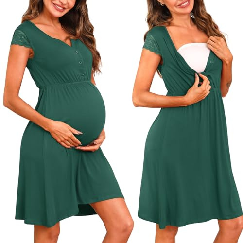 Nieery moderskap amning nattlinne knapp amning nattkläder mjuk spets amning nattlinne bomull myskläder v-hals moderskap pyjamas nattskjorta för gravid, gRÖN, S