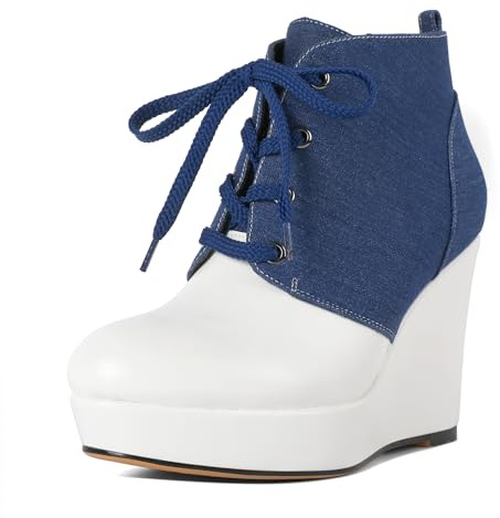Joseywade Wedge Booties For Women Ankle Boots Platform Boots Round Toe Wedge Booties Lace-up 4 Inches Short Boots White Blue Denim US Size 7