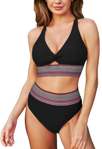 CUPSHE Ensemble de bikini pour femme deux pièces - Maillot de bain taille haute avec découpe en clé de sol et col en V torsadé, noir, Taille M